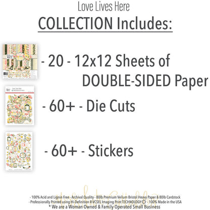 Love Lives Here Collection, includes image, showing coordinated Paper & Sticker Kit, full-size Die Cuts, and Sticker Sheet for scrapbook layouts, memory albums, cards, journals, and keepsakes. Buyer theme: Coordinated Family Memory Scrapbook Collection. Love Lives Here coordinated family scrapbook collection with paper, stickers and die cuts for home memories, family stories, love and belonging. Coordinating patterns include Botanical floral prints, Polka dots, Pinstripes