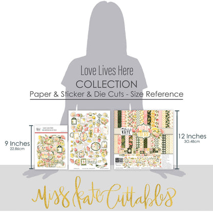 Love Lives Here Collection, size guide image, showing coordinated Paper & Sticker Kit, full-size Die Cuts, and Sticker Sheet for scrapbook layouts, memory albums, cards, journals, and keepsakes. Buyer theme: Coordinated Family Memory Scrapbook Collection. Love Lives Here coordinated family scrapbook collection with paper, stickers and die cuts for home memories, family stories, love and belonging. Coordinating patterns include Polka dots, Pinstripes, Leaf and flower silhouettes