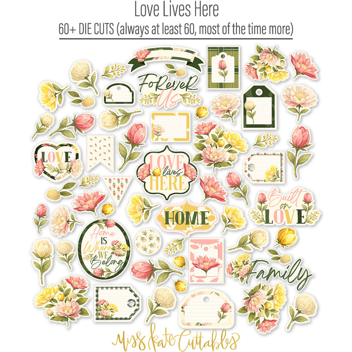 Love Lives Here Die Cuts, die cuts spread out image, showing pre-cut scrapbook embellishments for layouts, handmade cards, journals, mini albums, memory pages, and layered paper crafts. Buyer theme: Family Die Cuts & Floral Scrapbook Embellishments. Love Lives Here Die Cuts with family and home titles, floral bouquets, rosebuds, leaves, tags, labels, banners and frames for layered scrapbook pages, cards and journals. Coordinating patterns include Botanical floral prints, Polka dots, Pinstripes