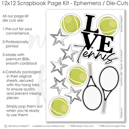 This Love Tennis kit features — layered die cut titles for themed layouts, precut designs for memory journaling, Scrapbook Supply, Photo Album Kit, Tennis Scrapbook, Family Album, DIY Scrapbook, creative accents for scrapbook storytelling, Sports Scrapbook, ready-to-glue title banners and photo frames, Sports Photo Page, Kids Scrapbook, 12x12 Layout, Athletic Album, Memory Page Kit, Tennis Album, Scrapbook Kit, coordinated background patterns and journaling spots