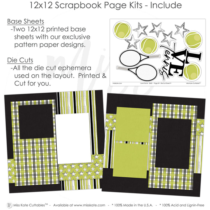 Celebrate your memories with the Love Tennis design — Sports Photo Page, acid-free double-sided scrapbook supplies, scrapbooking ephemera and cardstock cutouts, 12x12 Layout, precut designs for memory journaling, Photo Album Kit, Tennis Scrapbook, Sports Scrapbook, Scrapbook Supply, handmade elements for DIY photo albums, creative accents for scrapbook storytelling, Family Album, Kids Scrapbook, Tennis Album, seasonal scrapbook page kits and die cuts