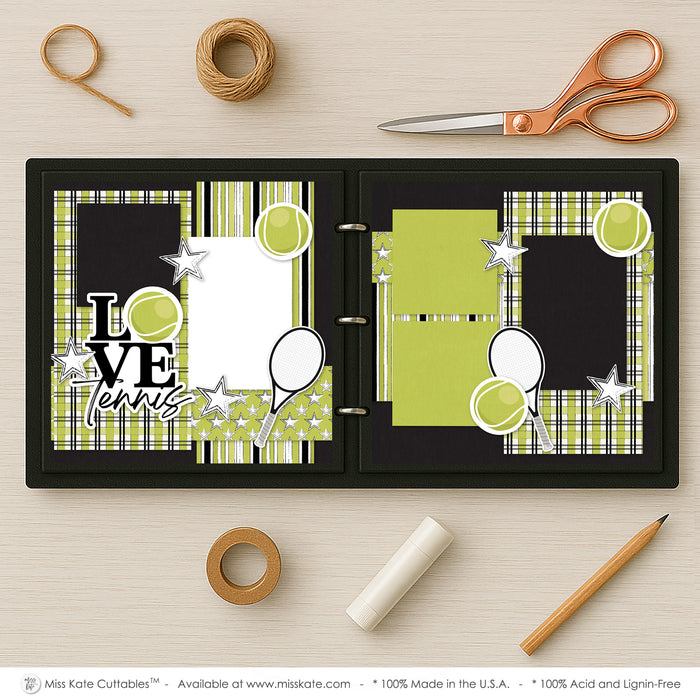 Love Tennis scrapbook page kit — Scrapbook Supply, Athletic Album, precut designs for memory journaling, Photo Album Kit, Scrapbook Kit, Sports Photo Page, DIY Scrapbook, Memory Page Kit, seasonal scrapbook page kits and die cuts, Tennis Album, acid-free double-sided scrapbook supplies, layered die cut titles for themed layouts, ready-to-glue title banners and photo frames, pastel paper embellishments and photo mats, 12x12 Layout, coordinated background patterns and journaling spots