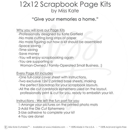 Miss Kate | Give Your Memories a Home - 12x12 Scrapbook Page Kits and premium scrapbooking supplies: pattern paper, cardstock, stickers, ephemera, die cuts, page kits, embellishments for DIY albums, journals, memory books. Features Cardstock for Scrapbooking and Crafts, Patterned Paper for Journals and Albums, Kraft Paper Scrapbook Embellishment, Vellum Sheets for Junk Journals, Acetate for Shaker Cards Overlays. Perfect weddings, baby, holidays, birthdays, disney vacations, family memories.