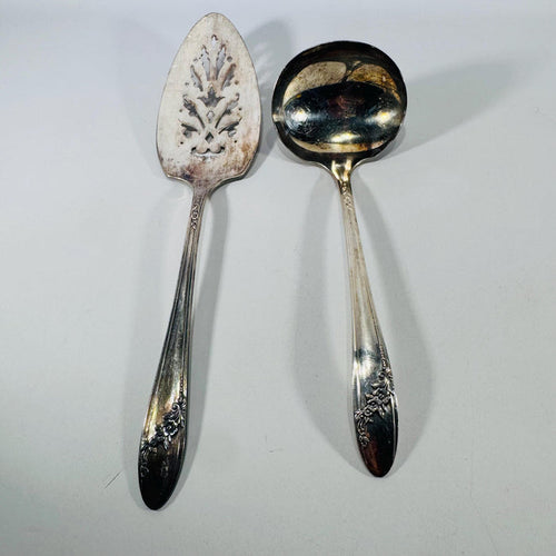 Vintage Oneida Community Tudor Plate Queen Bess II silver plate pie server and gravy ladle set with floral handle detail