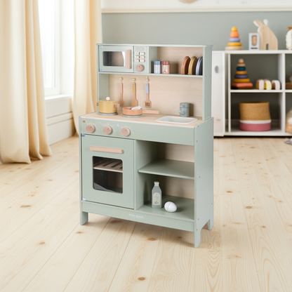Personalisierte Holz-Spielküche in Mint mit Name – Geschenkidee für Kinder im Kinderzimmer