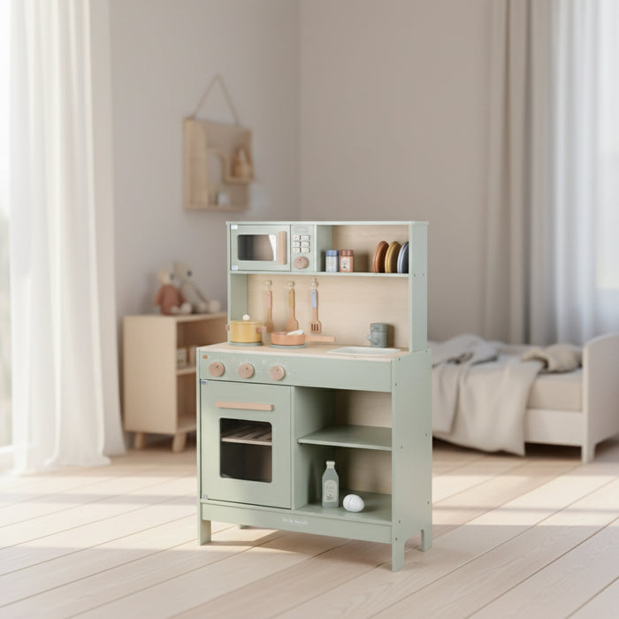 Mintfarbene Holz-Spielküche mit Herd, Backofen und Spüle – freistehende Produktansicht