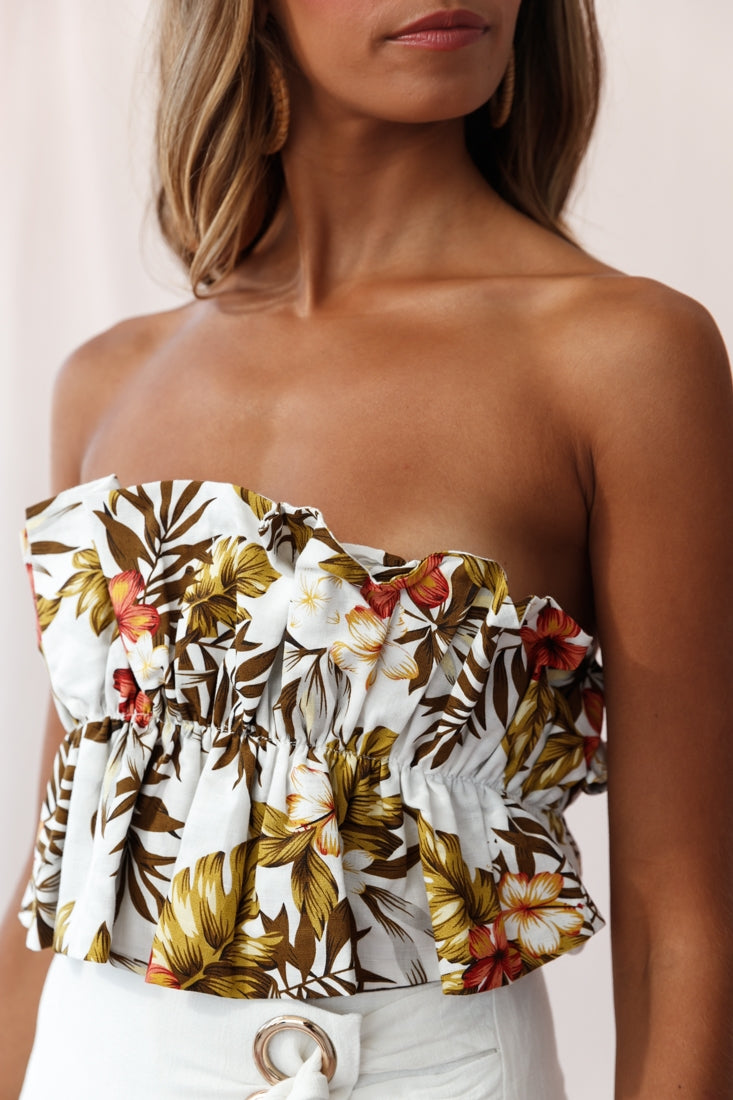 Thea Ruffle Crop Top Tropical Floral Print White