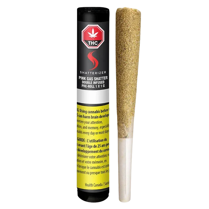 A front-facing shot of the Pink Gas Shatter Double Infused PR 1 x 1 g tube standing beside the pre-roll on a white background, label and yellow health warning visible.