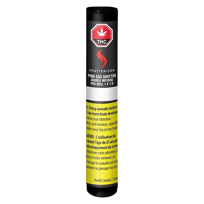 Vertical product shot of the Pink Gas Shatter Double Infused PR 1 x 1 g pre-roll tube with black cap, red logo and yellow health warning label.