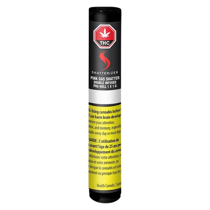 Vertical product shot of the Pink Gas Shatter Double Infused PR 1 x 1 g pre-roll tube with black cap, red logo and yellow health warning label.