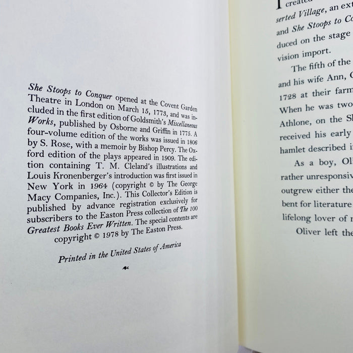 She Stoops to Conquer or The Mistakes of a Night A Novel by Oliver Goldsmith 1978 Easton Press part of the 100 Greatest Books
