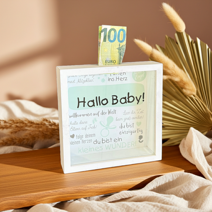 Spardose Hallo Baby – Geldgeschenk zur Geburt | Schmatzepuffer