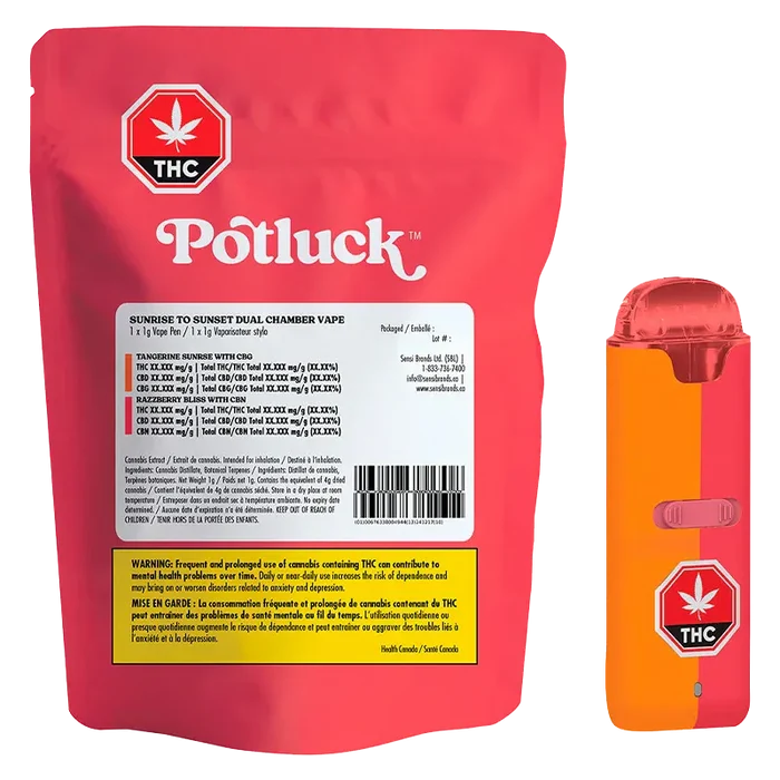 Front-facing shot of a red pouch and matching orange-red device labeled "Sunrise To Sunset Dual Chamber Disposable Vape" showing branding, warning panel, and a THC symbol.