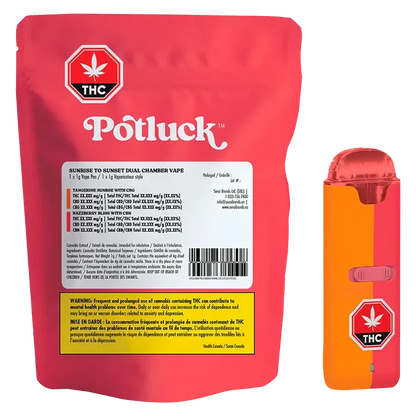 Front-facing shot of a red pouch and matching orange-red device labeled "Sunrise To Sunset Dual Chamber Disposable Vape" showing branding, warning panel, and a THC symbol.