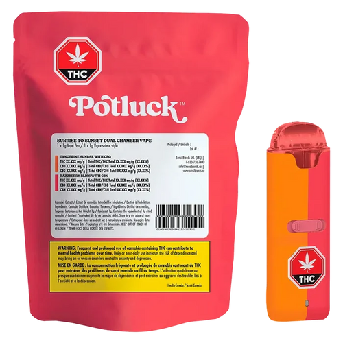 Front-facing shot of a red pouch and matching orange-red device labeled "Sunrise To Sunset Dual Chamber Disposable Vape" showing branding, warning panel, and a THC symbol.