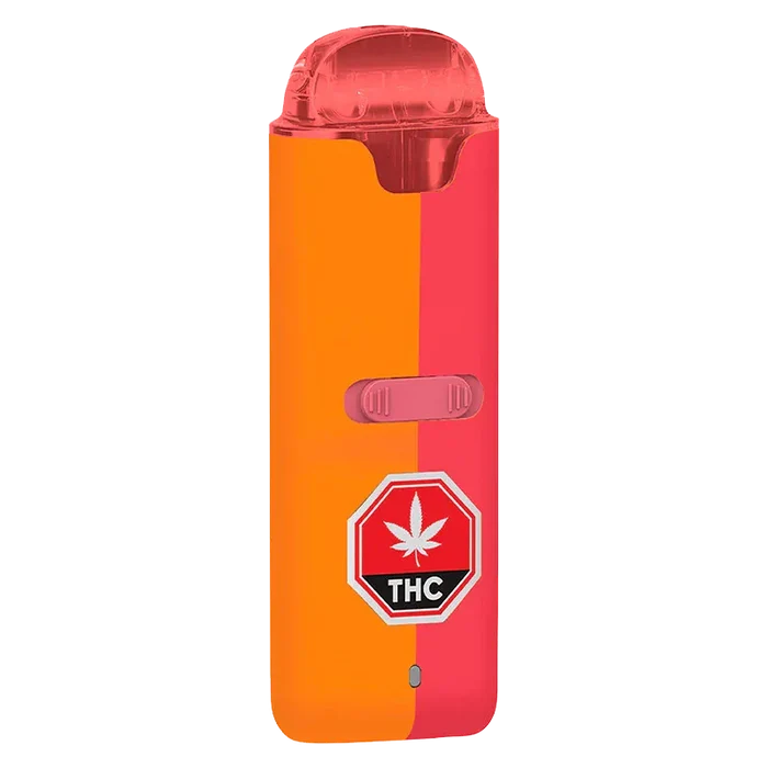 Front-facing view of the Sunrise To Sunset Dual Chamber Disposable Vape showing an orange-and-pink split body, translucent red mouthpiece, and a THC warning badge.