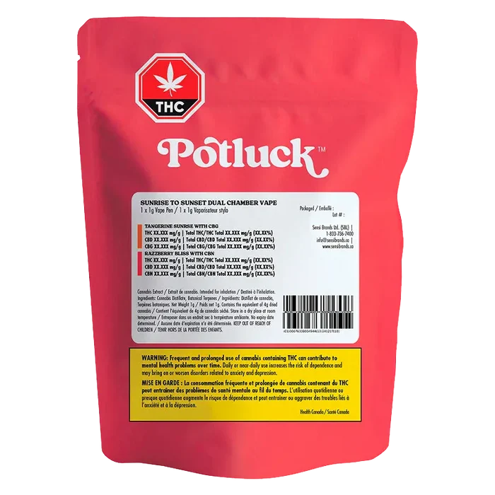 Rear view of the red Potluck Sunrise To Sunset Dual Chamber Disposable Vape pouch with white label, barcode, and THC warning panel.