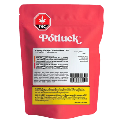 Rear view of the red Potluck Sunrise To Sunset Dual Chamber Disposable Vape pouch with white label, barcode, and THC warning panel.