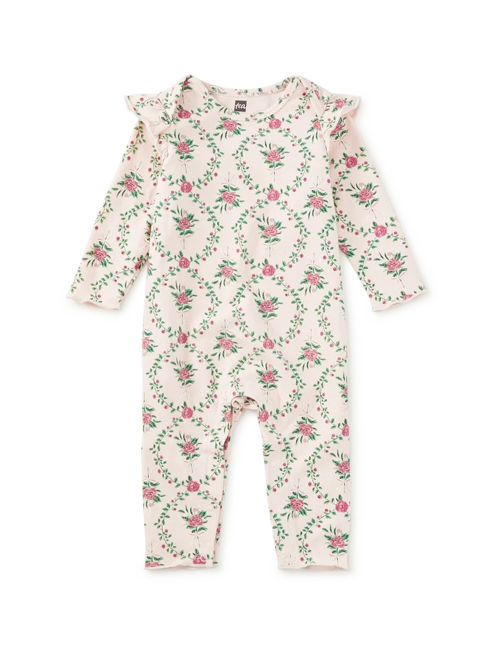 Tea Collection Ruffle Shoulder Baby Romper in Wallpaper Floral