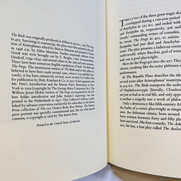 The Birds, The Frogs by Aristophanes introduction by Dudley Fitts 1979 Easton Press part of the 100 Greatest Books