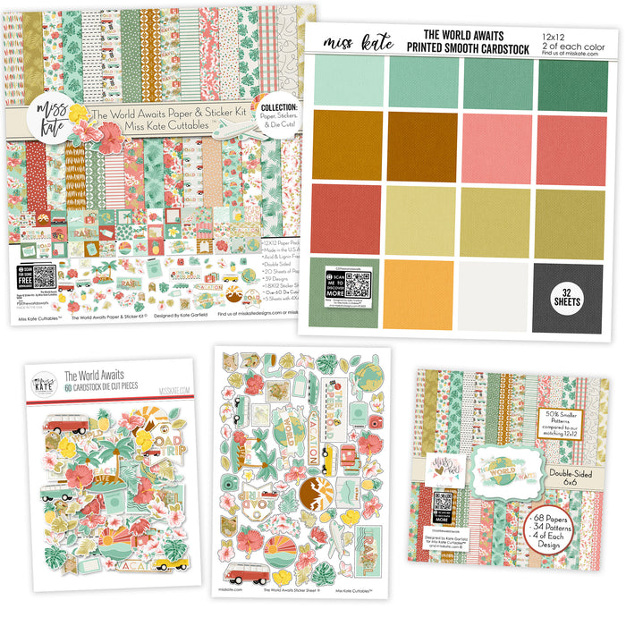 The World Awaits Bundle, main product image, showing complete coordinated paper craft set with 12x12 papers, 6x6 papers, cardstock, die cuts, and stickers for layouts, cards, albums, journals, and keepsakes. Buyer theme: Complete Travel & Vacation Scrapbook Bundle. Complete travel crafting bundle with 12x12 papers, 6x6 papers, printed cardstock, die cuts and stickers in a tropical vacation theme. Visible artwork includes hibiscus flowers, plumeria flowers, monstera leaves, palm fronds