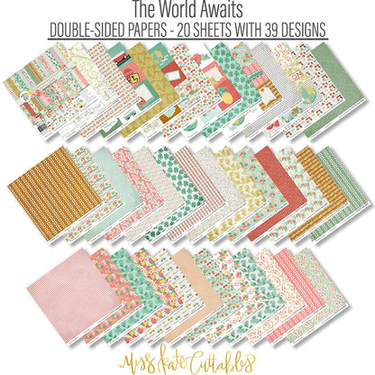 The World Awaits Paper & Sticker Kit, paper and sticker kit spread out image, showing 12x12 scrapbook paper and coordinating stickers for scrapbook layouts, photo albums, memory keeping, cards, and paper crafts. Buyer theme: Travel & Vacation Scrapbook Paper & Sticker Kit. 12x12 travel paper and sticker kit with tropical florals, maps, vans, airplanes and vacation-themed cut-apart elements. Visible artwork includes airplane, passport, camera, globe. Color palette includes yellow, sage, white