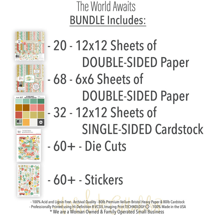 The World Awaits Bundle, includes image, showing complete coordinated paper craft set with 12x12 papers, 6x6 papers, cardstock, die cuts, and stickers for layouts, cards, albums, journals, and keepsakes. Buyer theme: Complete Travel & Vacation Scrapbook Bundle. Complete travel crafting bundle with 12x12 papers, 6x6 papers, printed cardstock, die cuts and stickers in a tropical vacation theme. Visible artwork includes monstera leaves, palm fronds, airplane, passport
