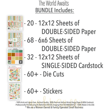 The World Awaits Bundle, includes image, showing complete coordinated paper craft set with 12x12 papers, 6x6 papers, cardstock, die cuts, and stickers for layouts, cards, albums, journals, and keepsakes. Buyer theme: Complete Travel & Vacation Scrapbook Bundle. Complete travel crafting bundle with 12x12 papers, 6x6 papers, printed cardstock, die cuts and stickers in a tropical vacation theme. Visible artwork includes monstera leaves, palm fronds, airplane, passport