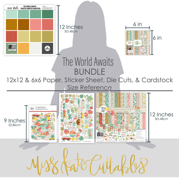 The World Awaits Bundle, size guide image, showing complete coordinated paper craft set with 12x12 papers, 6x6 papers, cardstock, die cuts, and stickers for layouts, cards, albums, journals, and keepsakes. Buyer theme: Complete Travel & Vacation Scrapbook Bundle. Complete travel crafting bundle with 12x12 papers, 6x6 papers, printed cardstock, die cuts and stickers in a tropical vacation theme. Visible artwork includes palm fronds, airplane, passport, camera
