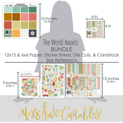 The World Awaits Bundle, size guide image, showing complete coordinated paper craft set with 12x12 papers, 6x6 papers, cardstock, die cuts, and stickers for layouts, cards, albums, journals, and keepsakes. Buyer theme: Complete Travel & Vacation Scrapbook Bundle. Complete travel crafting bundle with 12x12 papers, 6x6 papers, printed cardstock, die cuts and stickers in a tropical vacation theme. Visible artwork includes palm fronds, airplane, passport, camera