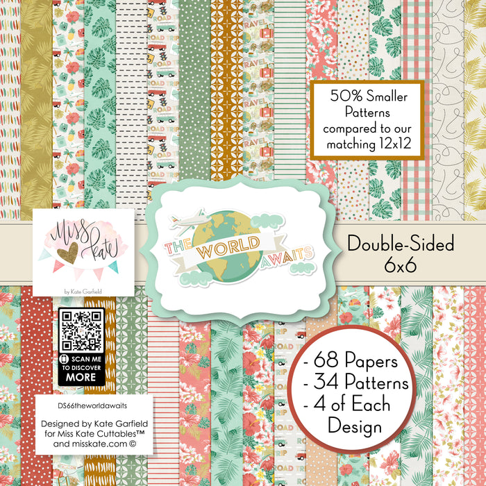The World Awaits 6x6 Double-Sided Paper Pack, high resolution cover image, showing 6x6 scrapbook paper for handmade cards, mini albums, junk journals, paper layering, small-scale layouts, and coordinated paper crafts. Buyer theme: Travel 6x6 Scrapbook Paper for Card Making. 6x6 travel paper pack with reduced-scale tropical florals, maps, palm leaves, road trip icons and vacation patterns. Visible artwork includes plumeria flowers, monstera leaves, palm fronds, airplane