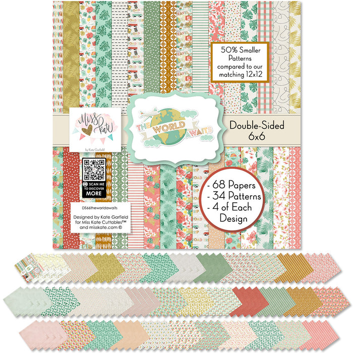 The World Awaits 6x6 Double-Sided Paper Pack, 6x6 cover and paper spread out image, showing 6x6 scrapbook paper for handmade cards, mini albums, junk journals, paper layering, small-scale layouts, and coordinated paper crafts. Buyer theme: Travel 6x6 Scrapbook Paper for Card Making. 6x6 travel paper pack with reduced-scale tropical florals, maps, palm leaves, road trip icons and vacation patterns. Visible artwork includes hibiscus flowers, plumeria flowers, monstera leaves, palm fronds
