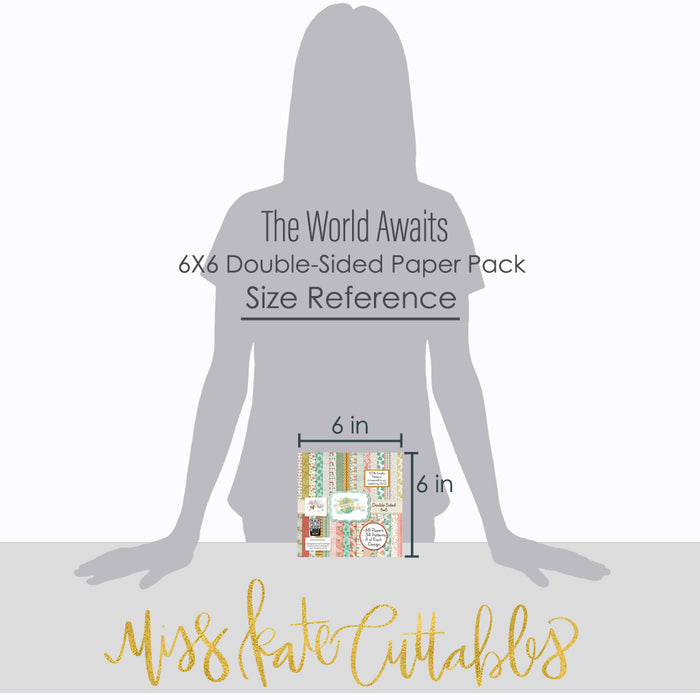 The World Awaits 6x6 Double-Sided Paper Pack, standing size guide image, showing 6x6 scrapbook paper for handmade cards, mini albums, junk journals, paper layering, small-scale layouts, and coordinated paper crafts. Buyer theme: Travel 6x6 Scrapbook Paper for Card Making. 6x6 travel paper pack with reduced-scale tropical florals, maps, palm leaves, road trip icons and vacation patterns. Visible artwork includes palm fronds, airplane, passport, camera