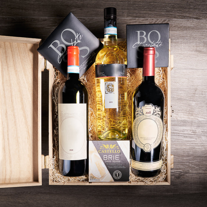 Trio Wine & Gourmet Gift Box, wine gift, wine, wine trio, three wine gift, chocolate, chocolate gift, cheese gift, cheese