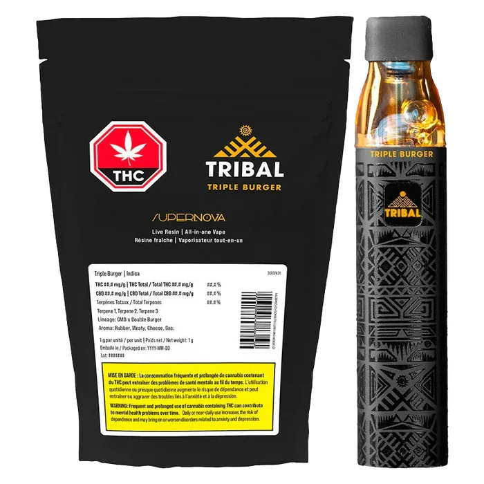 Front-facing shot of the Triple Burger SuperNova Live Resin Disposable Vape 1 g next to its black, gold-accented Tribal packaging on a white background