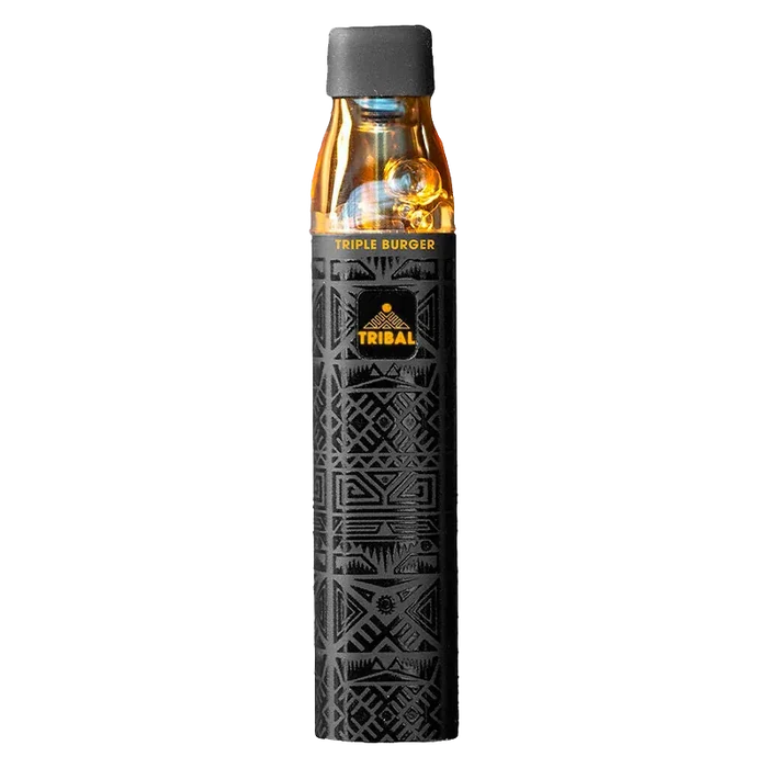 Straight-on studio shot of the Triple Burger SuperNova Live Resin Disposable Vape with a black patterned body and amber top under even lighting