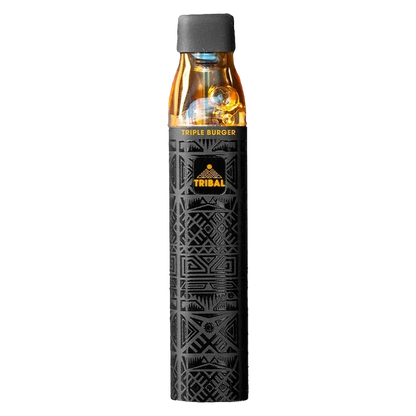 Straight-on studio shot of the Triple Burger SuperNova Live Resin Disposable Vape with a black patterned body and amber top under even lighting