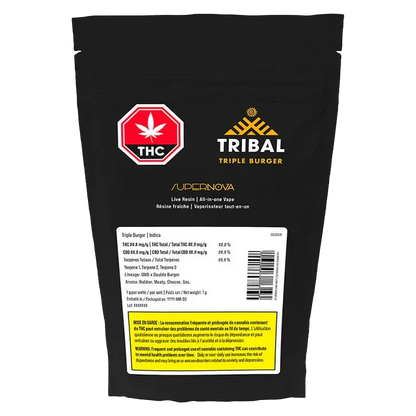 Front-facing shot of the black pouch packaging for Tribal Triple Burger SuperNova Live Resin Disposable Vape showing logo, THC symbol, and label.