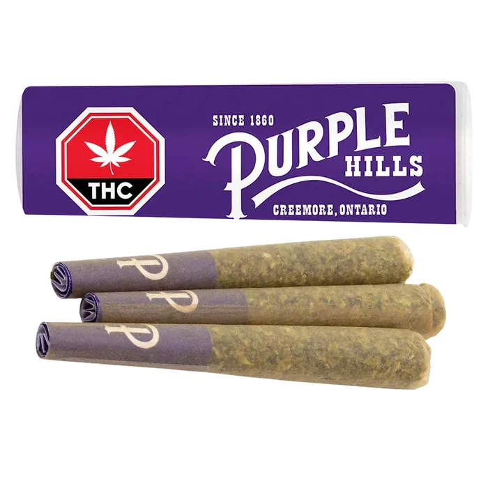 Three pre-rolled joints arranged in a row beneath a purple "Ultra Hi Infused PR 3 x 0.5 g" branded box, shown on a white background.