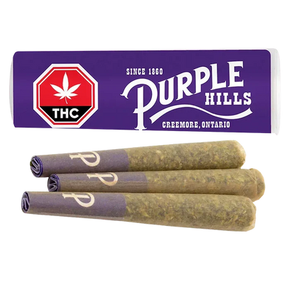 Three pre-rolled joints arranged in a row beneath a purple "Ultra Hi Infused PR 3 x 0.5 g" branded box, shown on a white background.