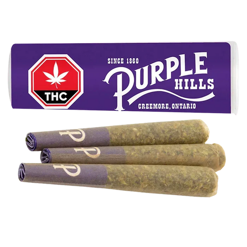 Three pre-rolled joints arranged in a row beneath a purple "Ultra Hi Infused PR 3 x 0.5 g" branded box, shown on a white background.