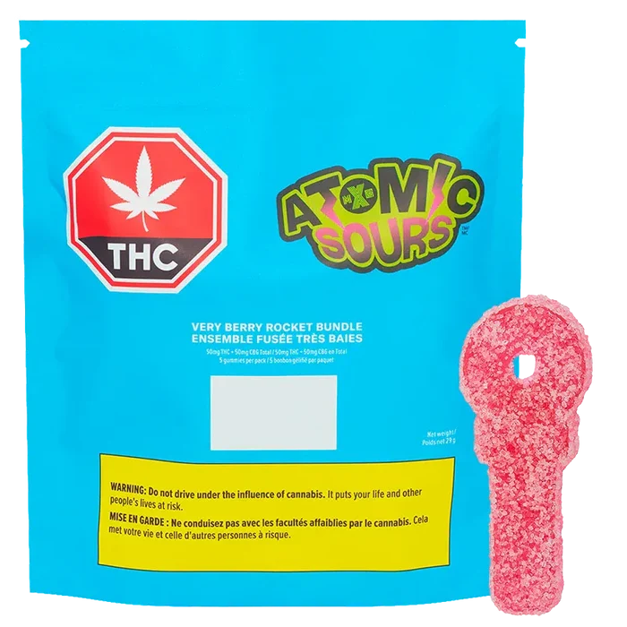 Bright front-facing shot of the Very Berry Rocket Bundle Gummies pouch, turquoise packaging with an Atomic Sours logo and a pink sugar-coated rocket gummy at right