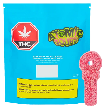 Bright front-facing shot of the Very Berry Rocket Bundle Gummies pouch, turquoise packaging with an Atomic Sours logo and a pink sugar-coated rocket gummy at right