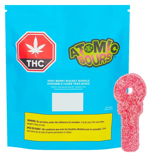 Bright front-facing shot of the Very Berry Rocket Bundle Gummies pouch, turquoise packaging with an Atomic Sours logo and a pink sugar-coated rocket gummy at right