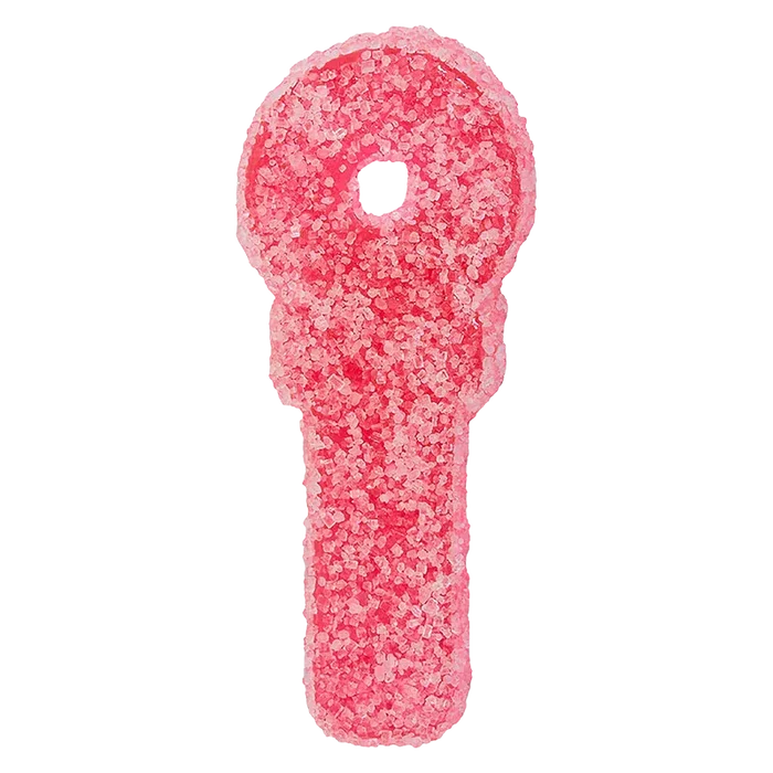 Top-down close-up of a sugar-coated pink gummy in the shape of a key displayed for the Very Berry Rocket Bundle Gummies