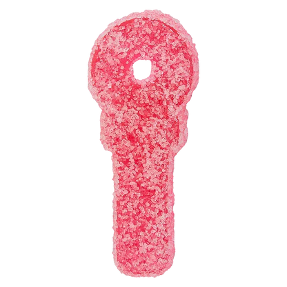 Top-down close-up of a sugar-coated pink gummy in the shape of a key displayed for the Very Berry Rocket Bundle Gummies