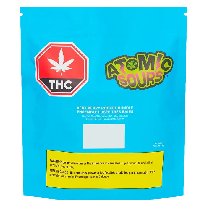 Flat front view of the bright blue package of Very Berry Rocket Bundle Gummies showing the Atomic Sours logo and a red THC stop sign.