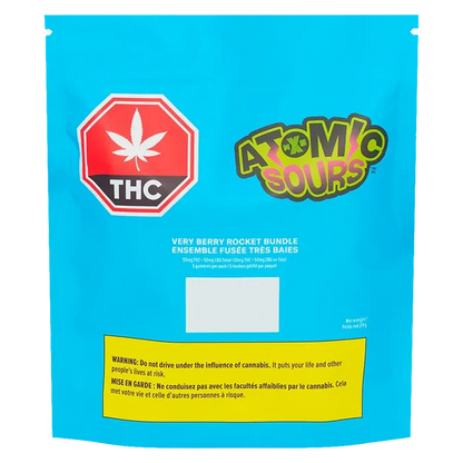 Flat front view of the bright blue package of Very Berry Rocket Bundle Gummies showing the Atomic Sours logo and a red THC stop sign.