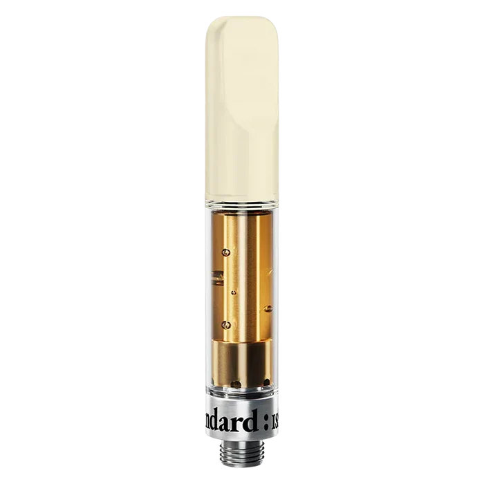 Straight-on product shot of a clear cartridge with pale cream mouthpiece and golden oil inside, labeled Wild Berry Vape Cartridge.