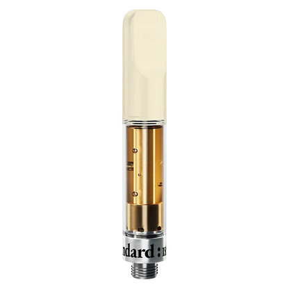 Straight-on product shot of a clear cartridge with pale cream mouthpiece and golden oil inside, labeled Wild Berry Vape Cartridge.
